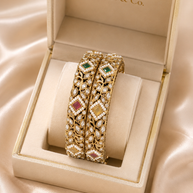 Gold Kundan Polki Bangle Pair with Multicolor Stones & Pearl Accents 2.10