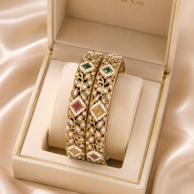 Gold Kundan Polki Bangle Pair with Multicolor Stones & Pearl Accents 2.10