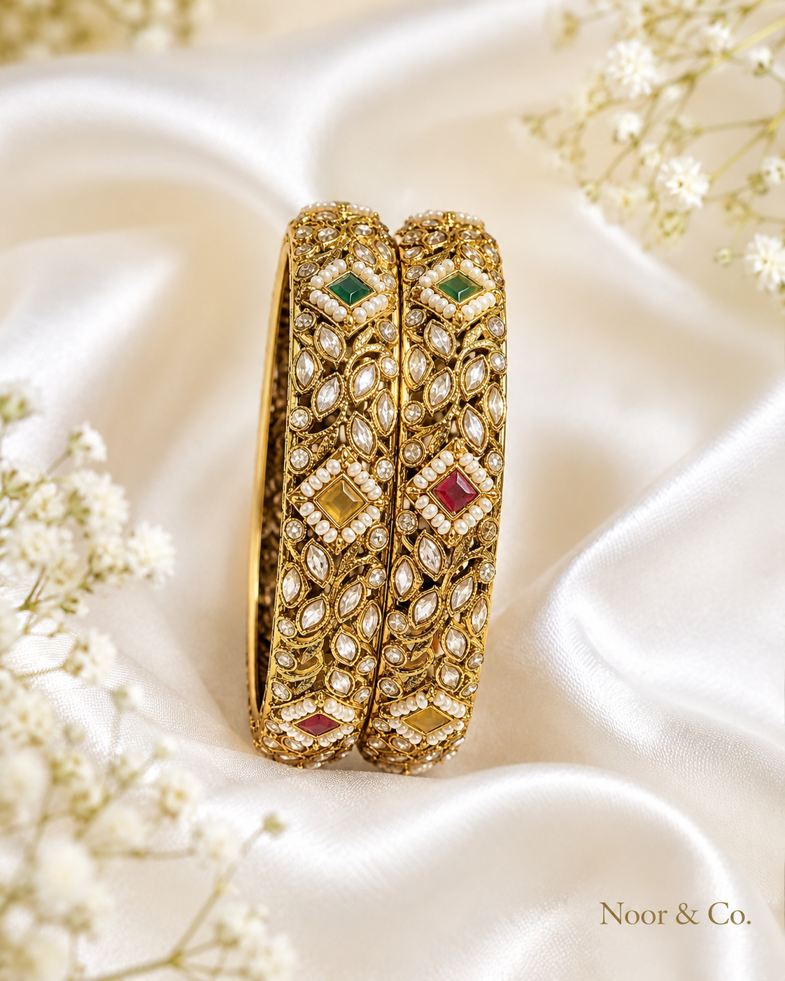 Gold Kundan Polki Bangle Pair with Multicolor Stones & Pearl Accents 2.10