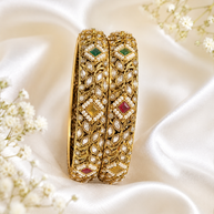 Gold Kundan Polki Bangle Pair with Multicolor Stones & Pearl Accents 2.10