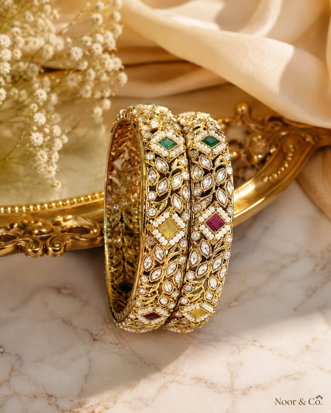 Gold Kundan Polki Bangle Pair with Multicolor Stones & Pearl Accents 2.10