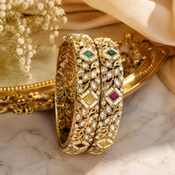 Gold Kundan Polki Bangle Pair with Multicolor Stones & Pearl Accents 2.10