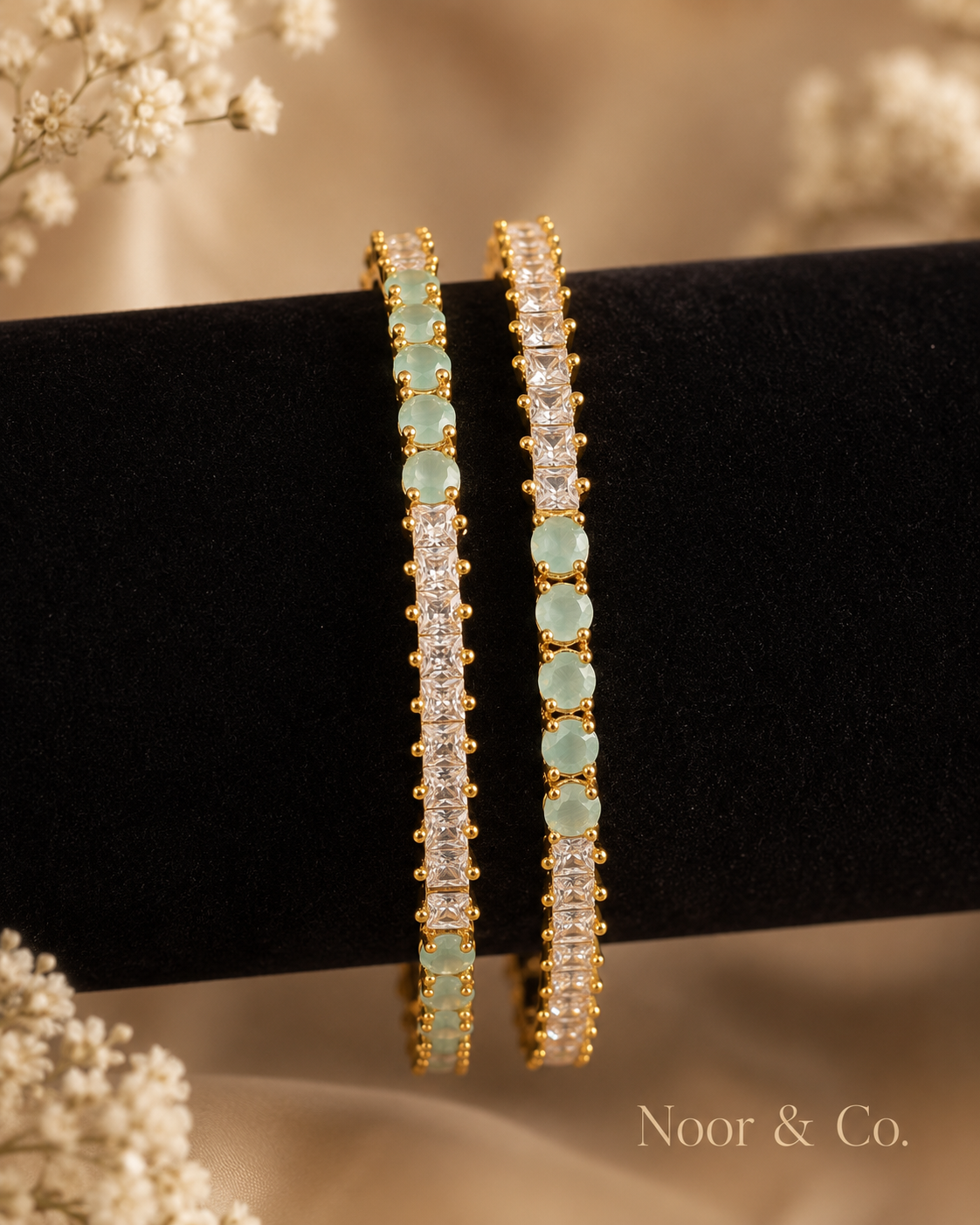 Gold Mint Green Tennis Bangle Pair | CZ Crystal Stackable Bangles