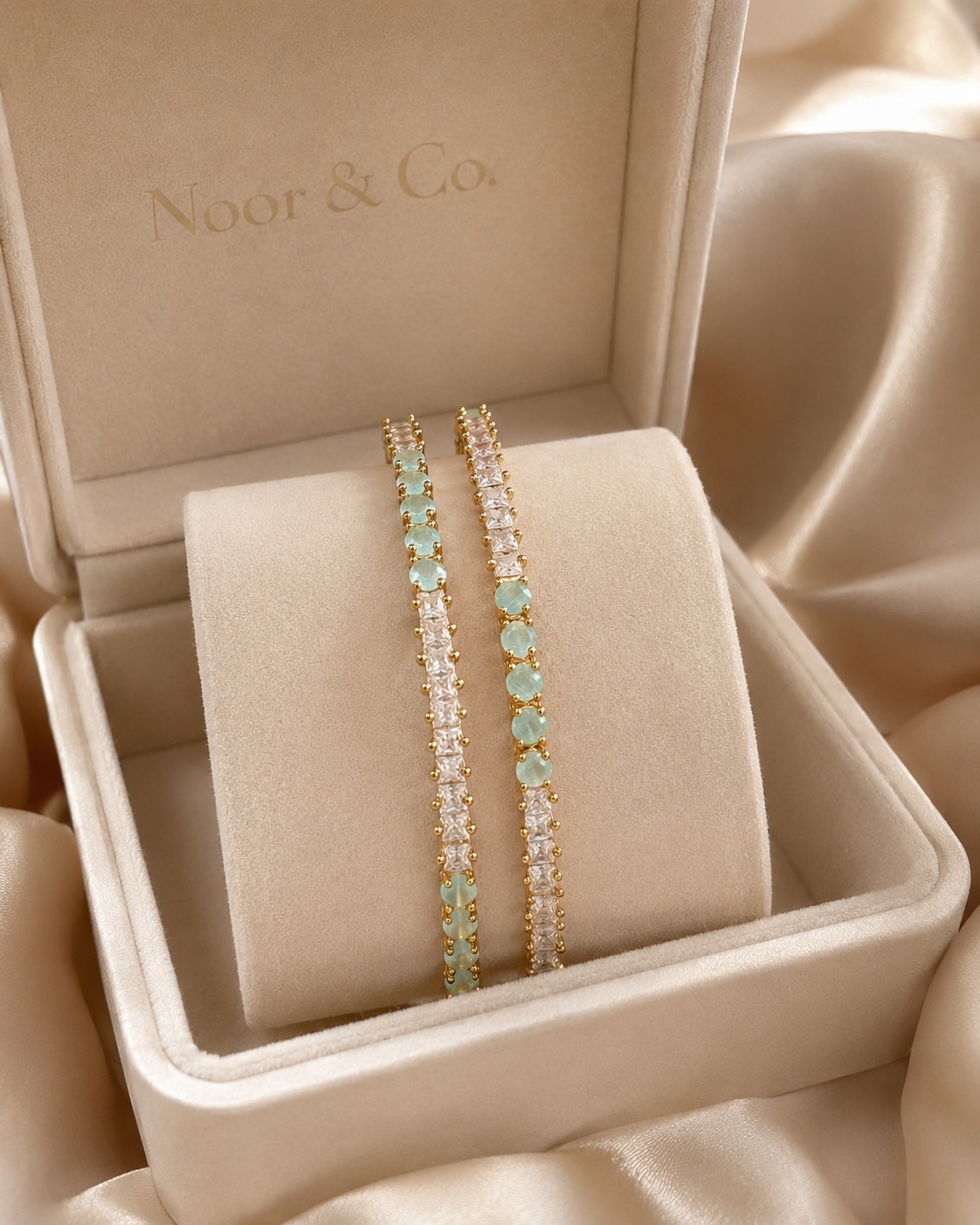Gold Mint Green Tennis Bangle Pair | CZ Crystal Stackable Bangles