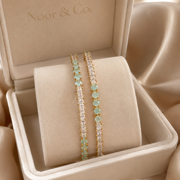 Gold Mint Green Tennis Bangle Pair | CZ Crystal Stackable Bangles