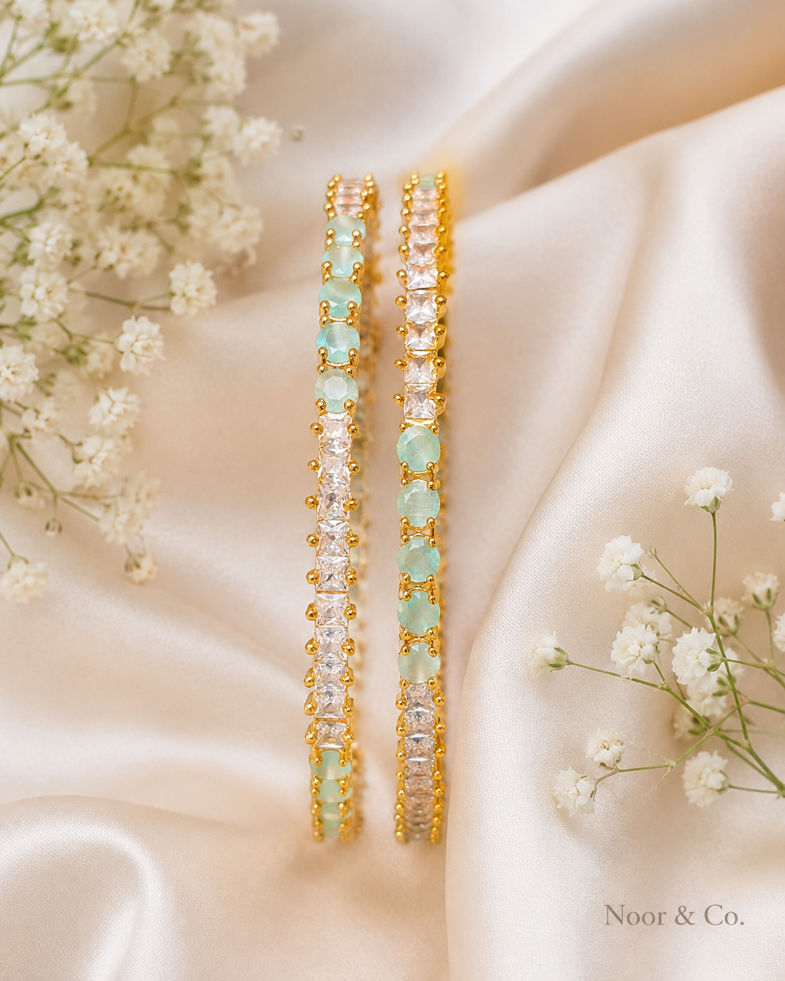Gold Mint Green Tennis Bangle Pair | CZ Crystal Stackable Bangles
