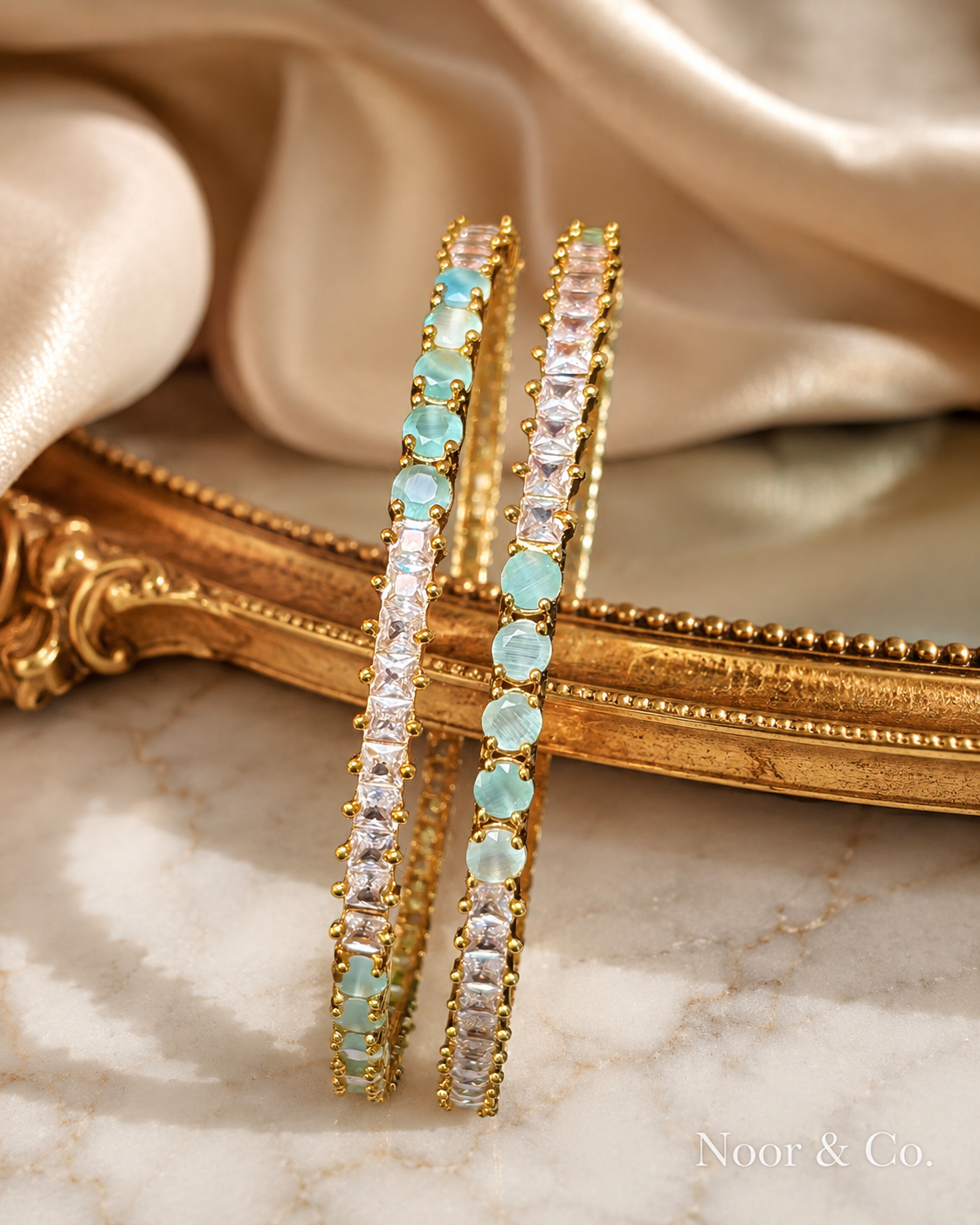 Gold Mint Green Tennis Bangle Pair | CZ Crystal Stackable Bangles