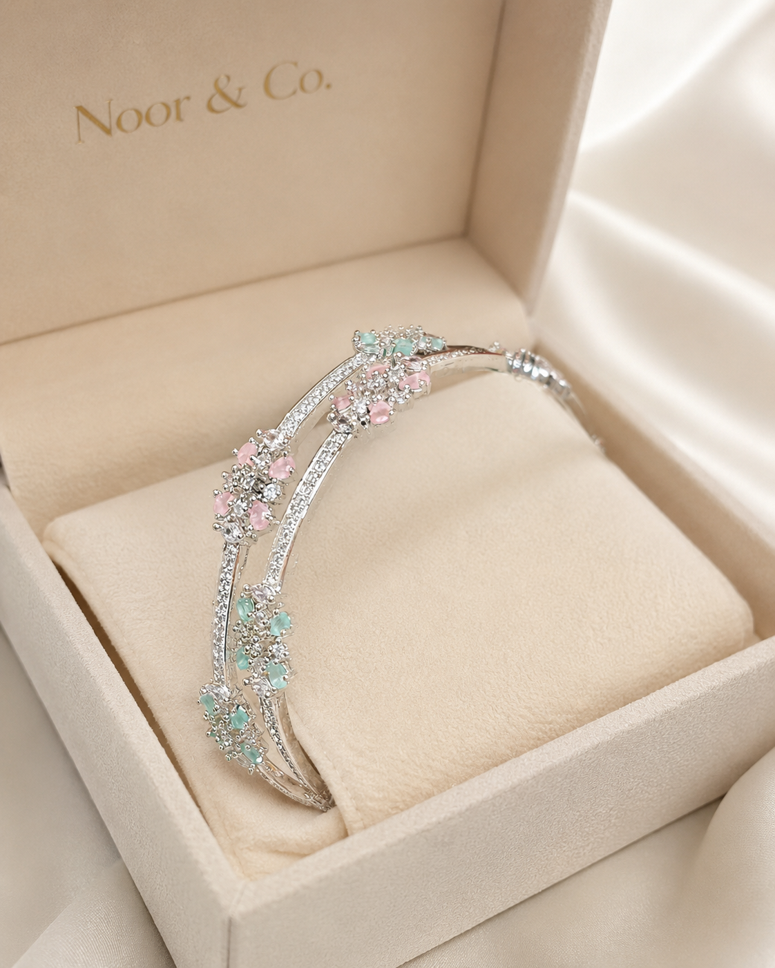Silver Floral CZ Bangle Pair with Pink & Mint Stones | Pakistani Indian Bridal