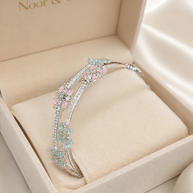 Silver Floral CZ Bangle Pair with Pink & Mint Stones | Pakistani Indian Bridal