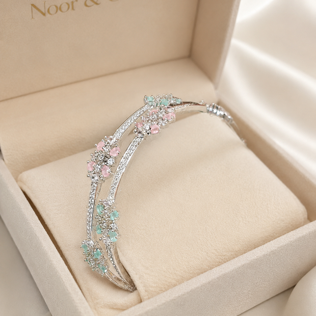 Silver Floral CZ Bangle Pair with Pink & Mint Stones | Pakistani Indian Bridal