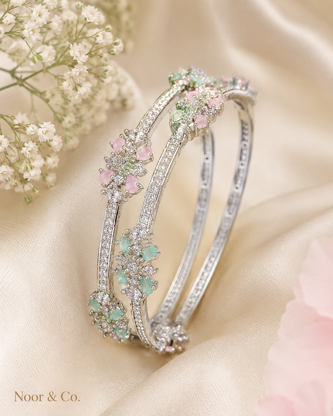 Silver Floral CZ Bangle Pair with Pink & Mint Stones | Pakistani Indian Bridal