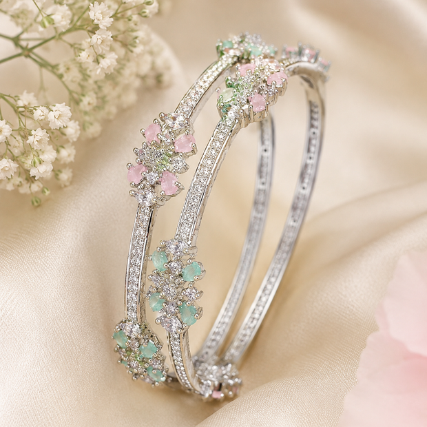 Silver Floral CZ Bangle Pair with Pink & Mint Stones | Pakistani Indian Bridal