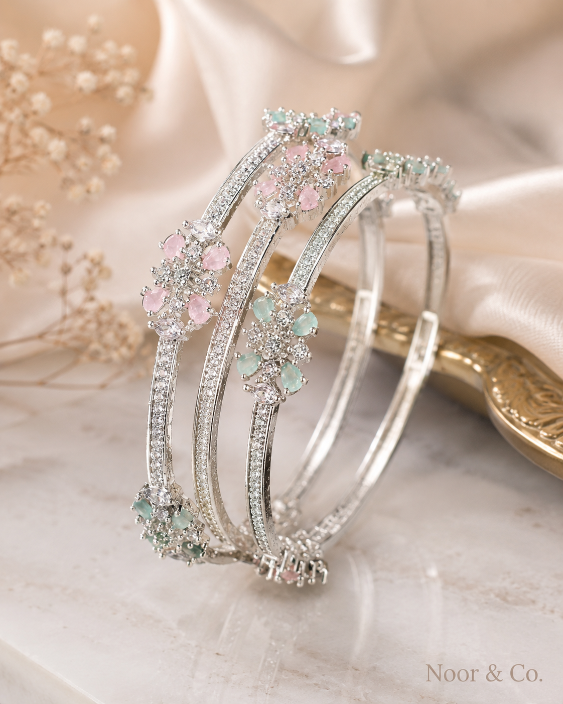 Silver Floral CZ Bangle Pair with Pink & Mint Stones | Pakistani Indian Bridal
