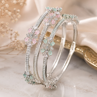 Silver Floral CZ Bangle Pair with Pink & Mint Stones | Pakistani Indian Bridal