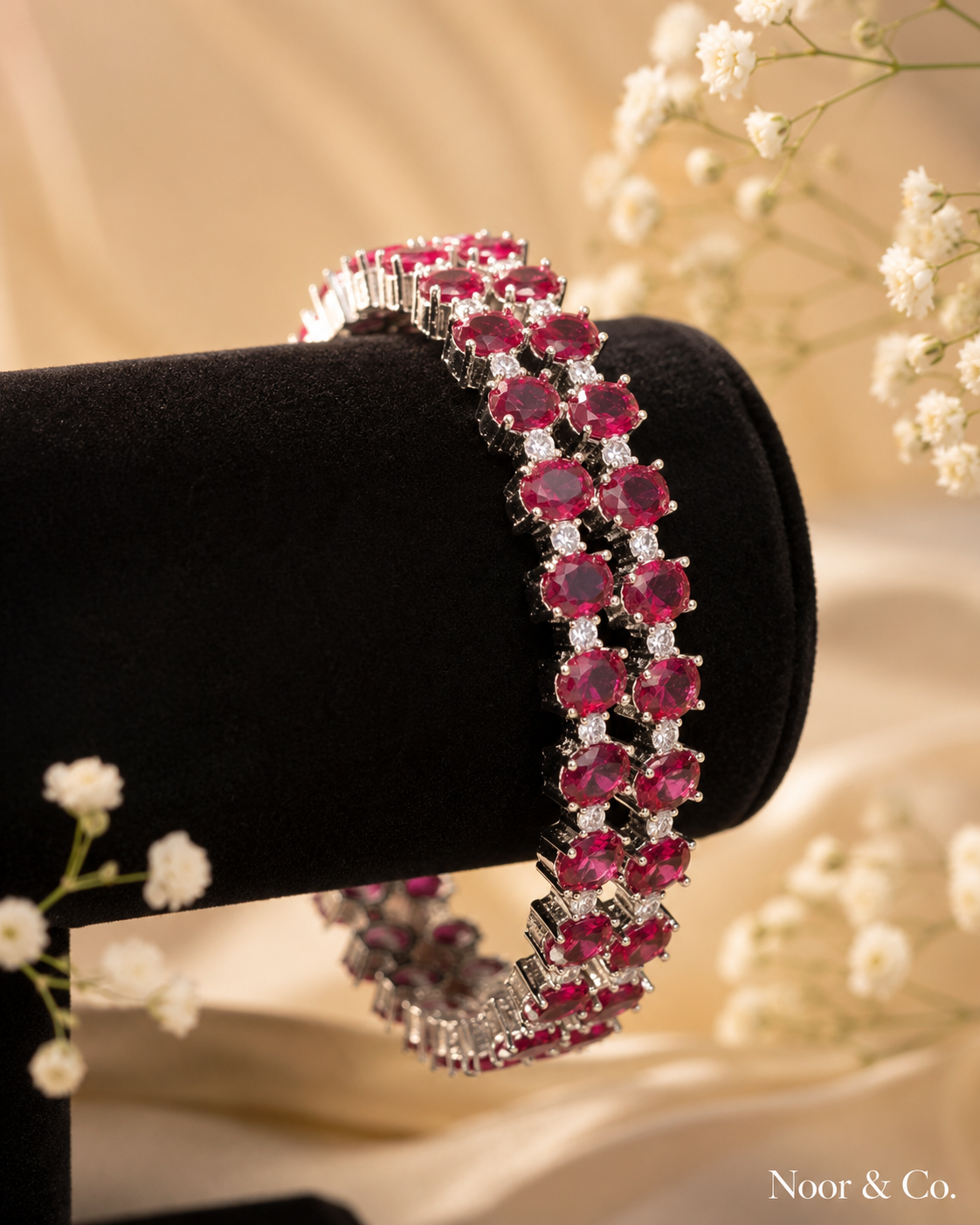Silver Ruby Red CZ Tennis Bangle Pair | Oval Crystal Bangles | Pakistani Indian