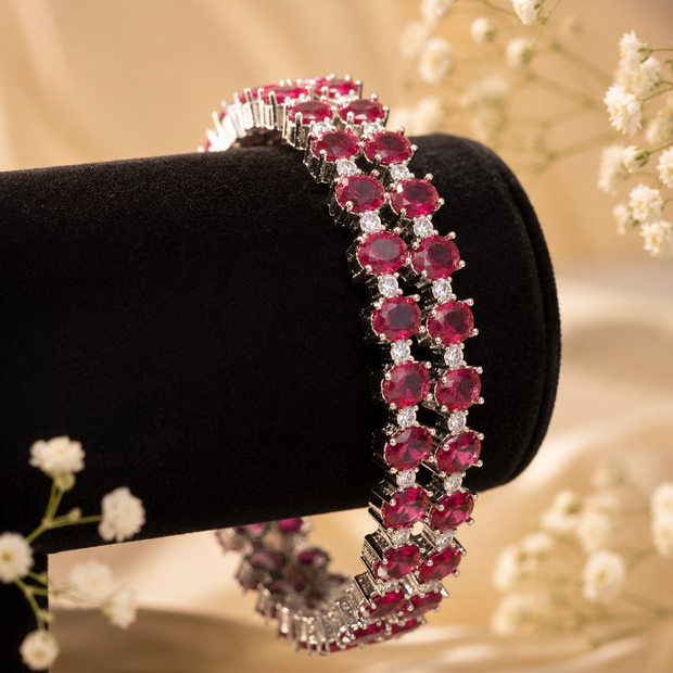 Silver Ruby Red CZ Tennis Bangle Pair | Oval Crystal Bangles | Pakistani Indian