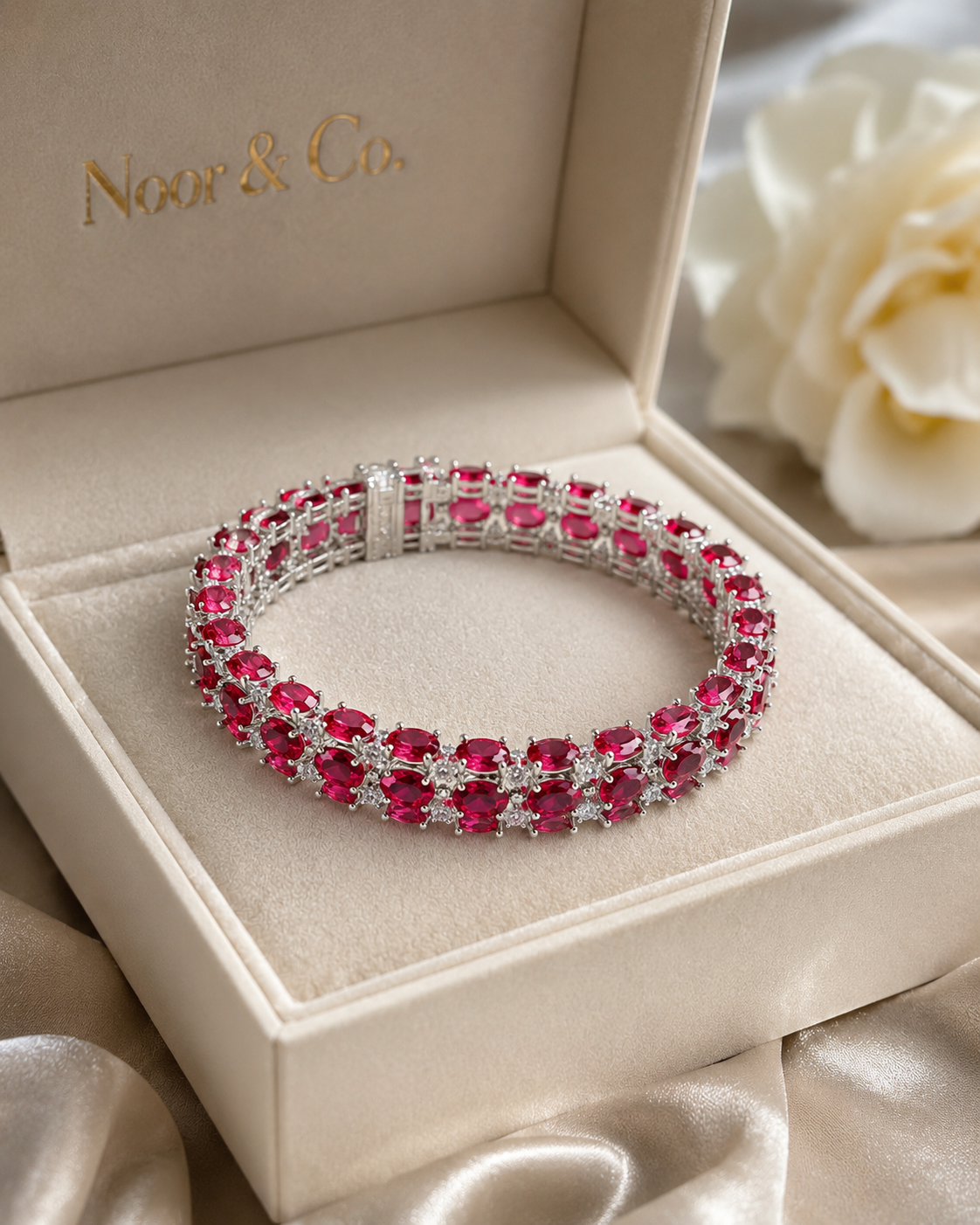 Silver Ruby Red CZ Tennis Bangle Pair | Oval Crystal Bangles | Pakistani Indian