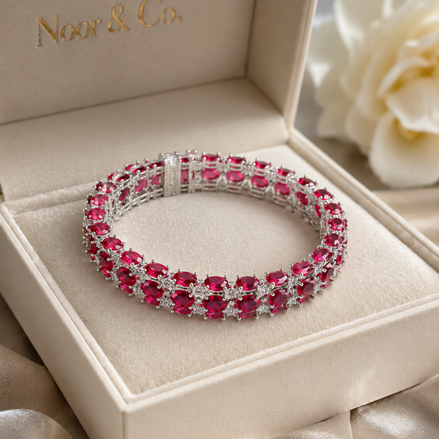 Silver Ruby Red CZ Tennis Bangle Pair | Oval Crystal Bangles | Pakistani Indian