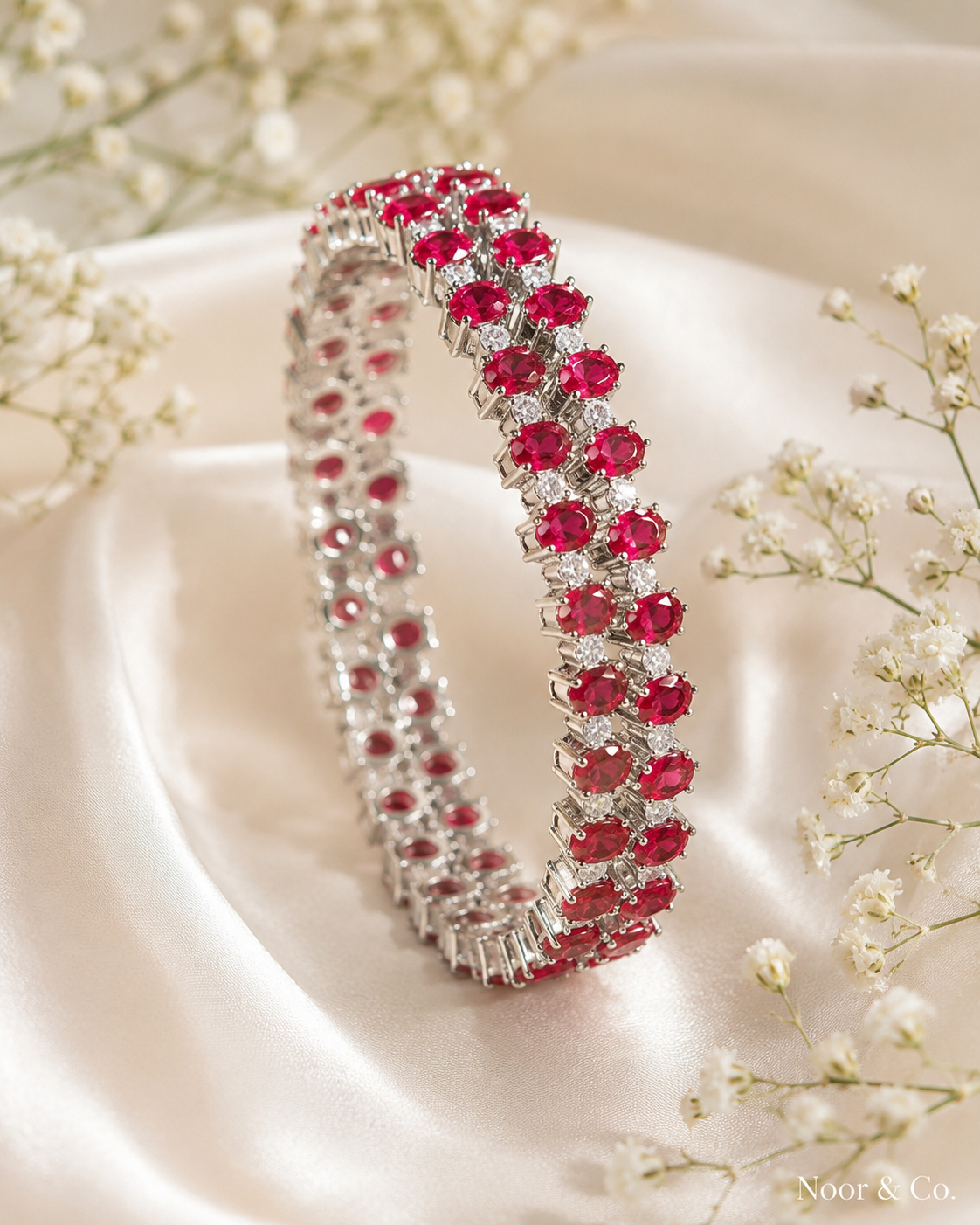 Silver Ruby Red CZ Tennis Bangle Pair | Oval Crystal Bangles | Pakistani Indian