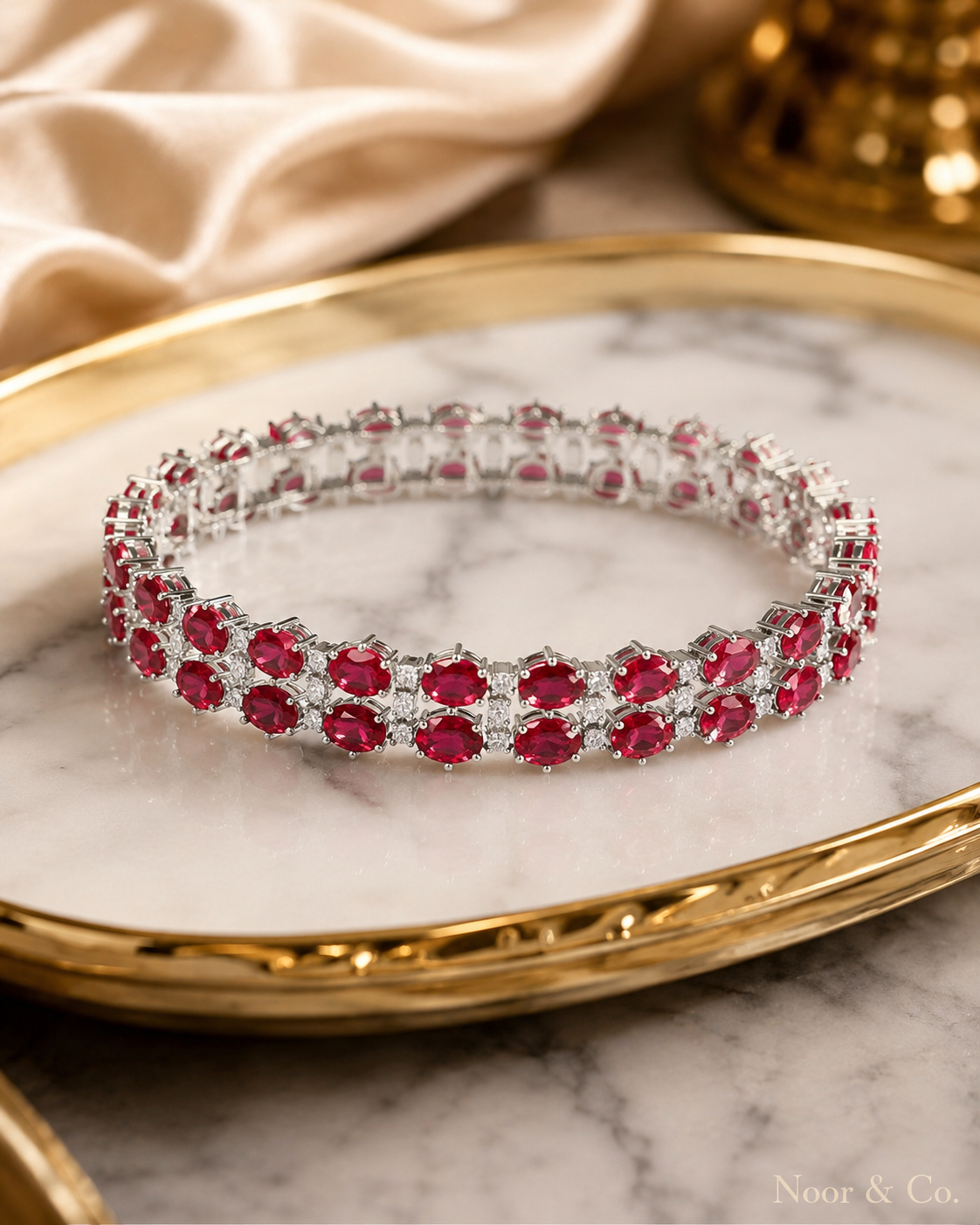 Silver Ruby Red CZ Tennis Bangle Pair | Oval Crystal Bangles | Pakistani Indian