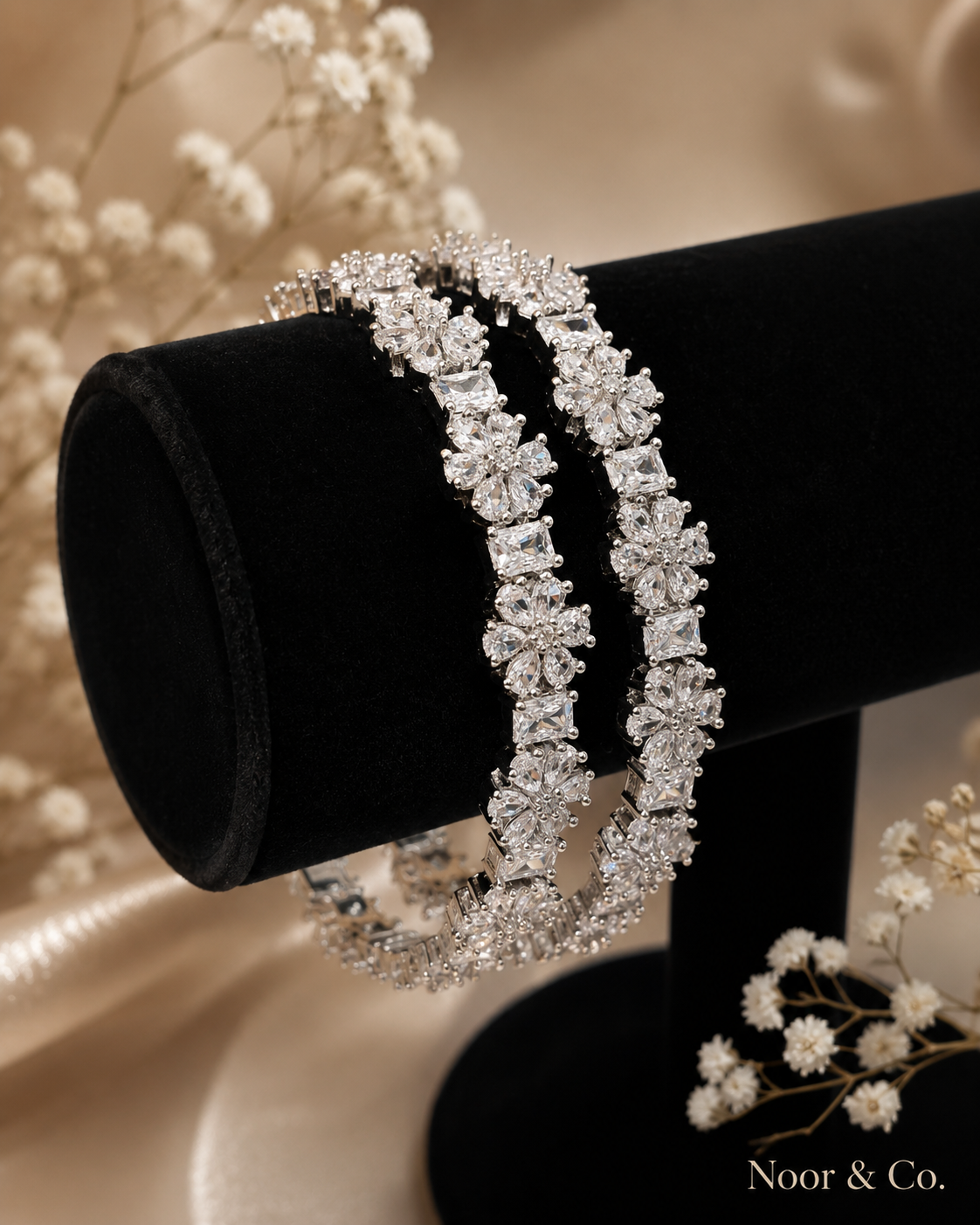 Silver Floral CZ Bangle Pair | Cubic Zirconia Wedding Bangles | Pakistani Indian