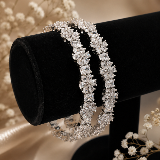 Silver Floral CZ Bangle Pair | Cubic Zirconia Wedding Bangles | Pakistani Indian