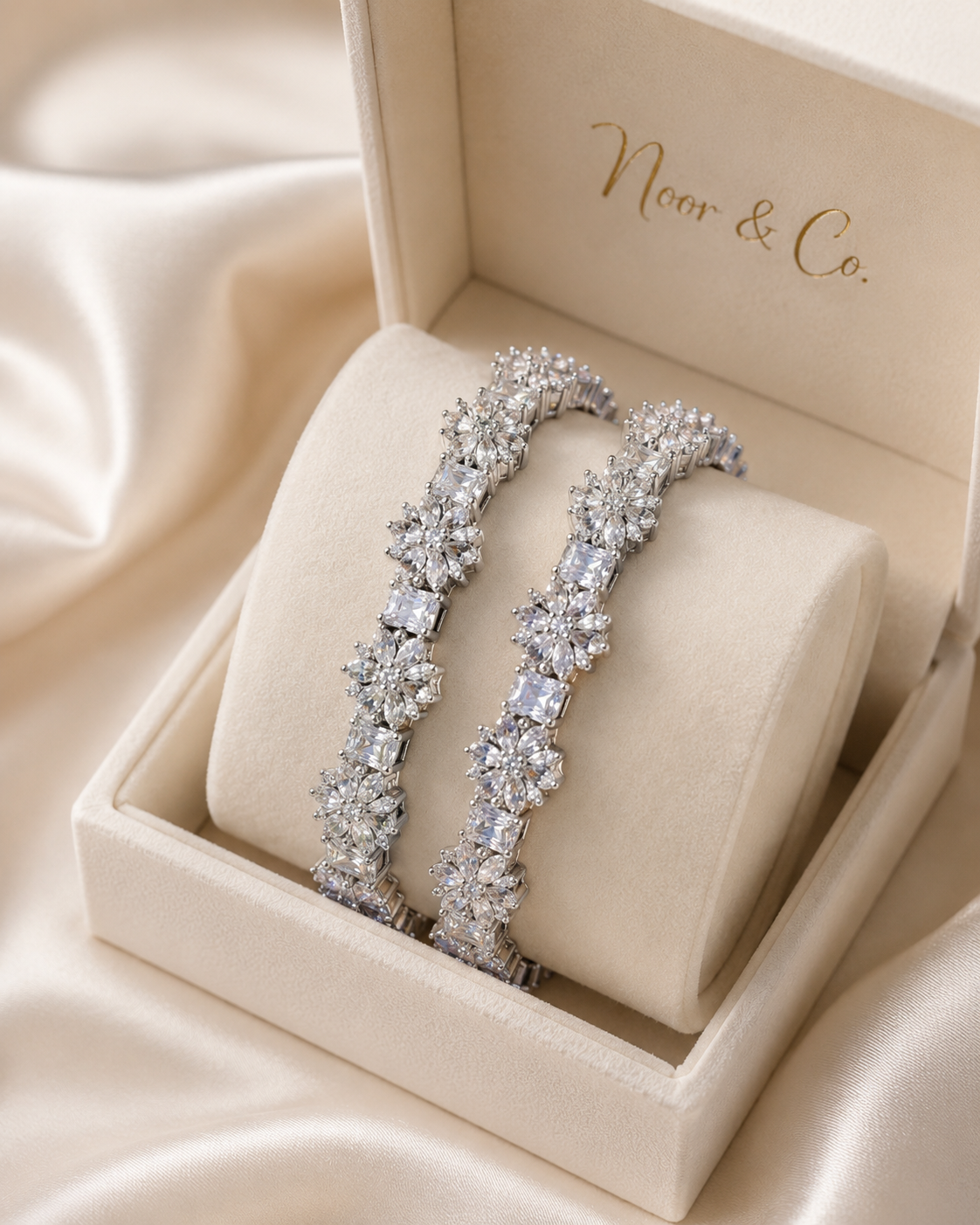 Silver Floral CZ Bangle Pair | Cubic Zirconia Wedding Bangles | Pakistani Indian