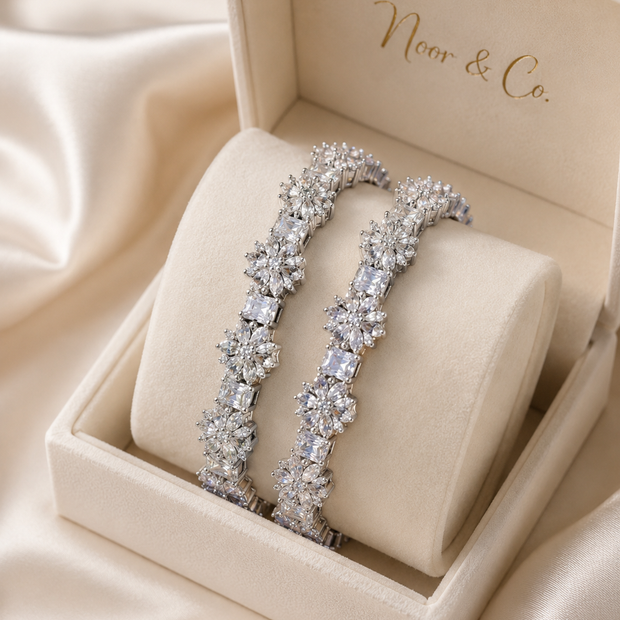 Silver Floral CZ Bangle Pair | Cubic Zirconia Wedding Bangles | Pakistani Indian