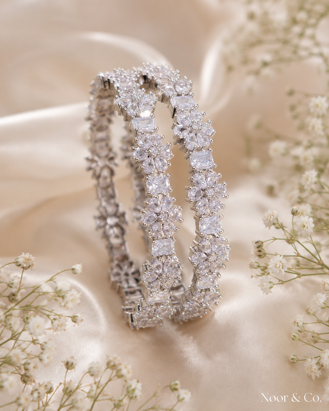 Silver Floral CZ Bangle Pair | Cubic Zirconia Wedding Bangles | Pakistani Indian