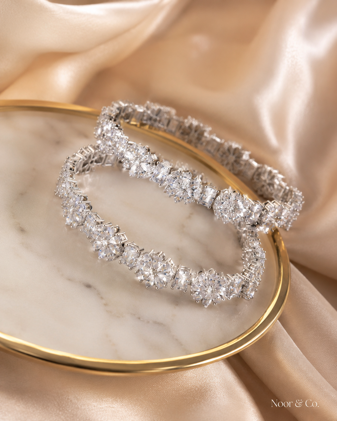 Silver Floral CZ Bangle Pair | Cubic Zirconia Wedding Bangles | Pakistani Indian