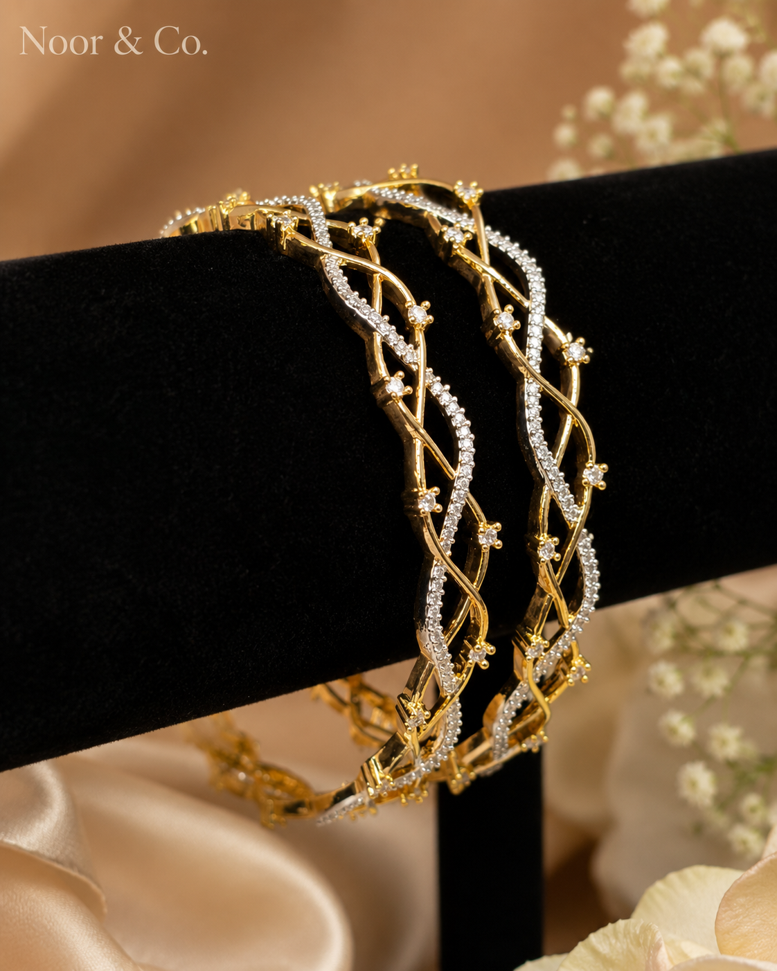 Gold Twist CZ Bangle Pair | Two-Tone Crystal Bangles | Pakistani Indian Bridal Jewelry | Elegant Bracelet Set