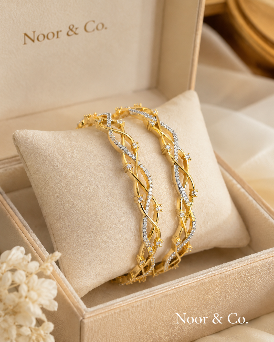 Gold Twist CZ Bangle Pair | Two-Tone Crystal Bangles | Pakistani Indian Bridal Jewelry | Elegant Bracelet Set