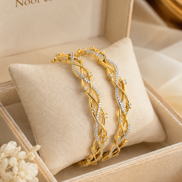 Gold Twist CZ Bangle Pair | Two-Tone Crystal Bangles | Pakistani Indian Bridal Jewelry | Elegant Bracelet Set