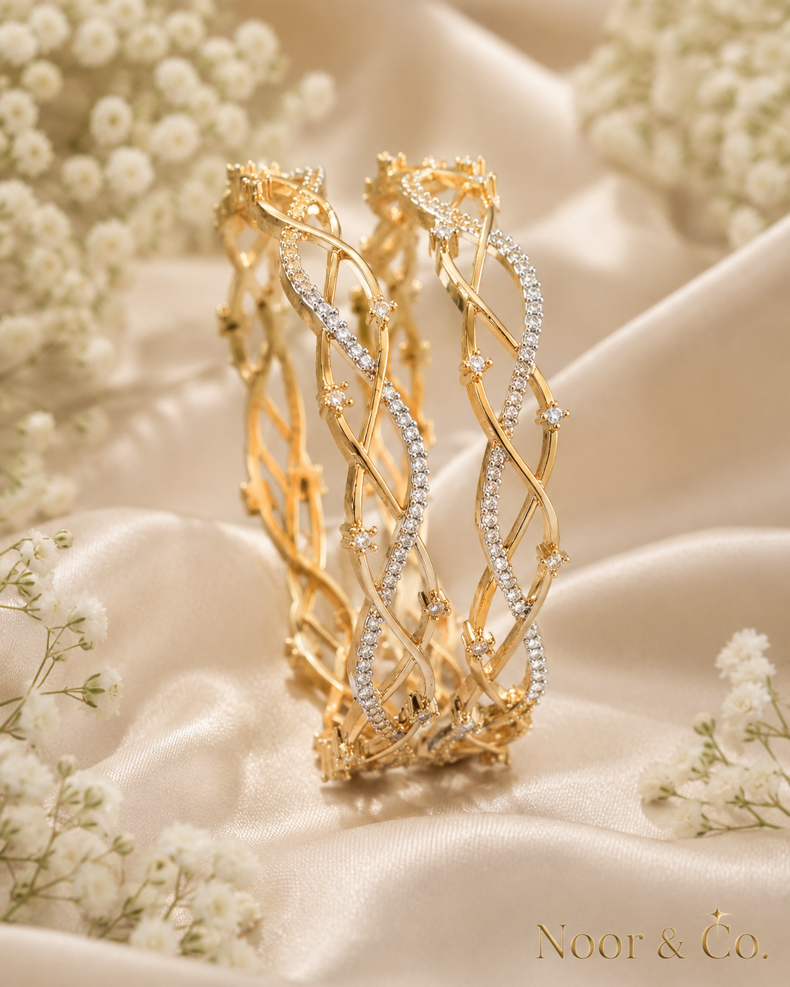 Gold Twist CZ Bangle Pair | Two-Tone Crystal Bangles | Pakistani Indian Bridal Jewelry | Elegant Bracelet Set