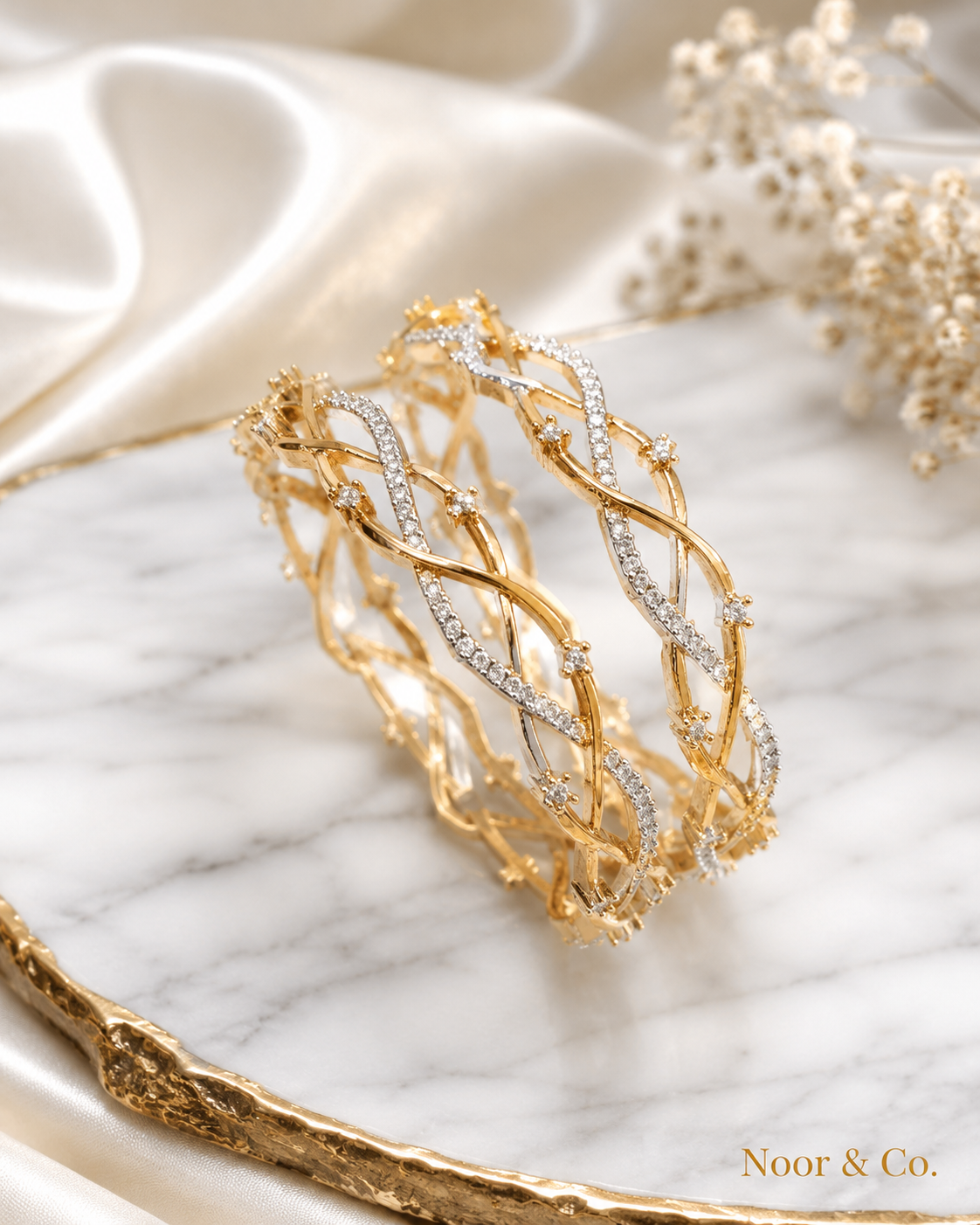 Gold Twist CZ Bangle Pair | Two-Tone Crystal Bangles | Pakistani Indian Bridal Jewelry | Elegant Bracelet Set