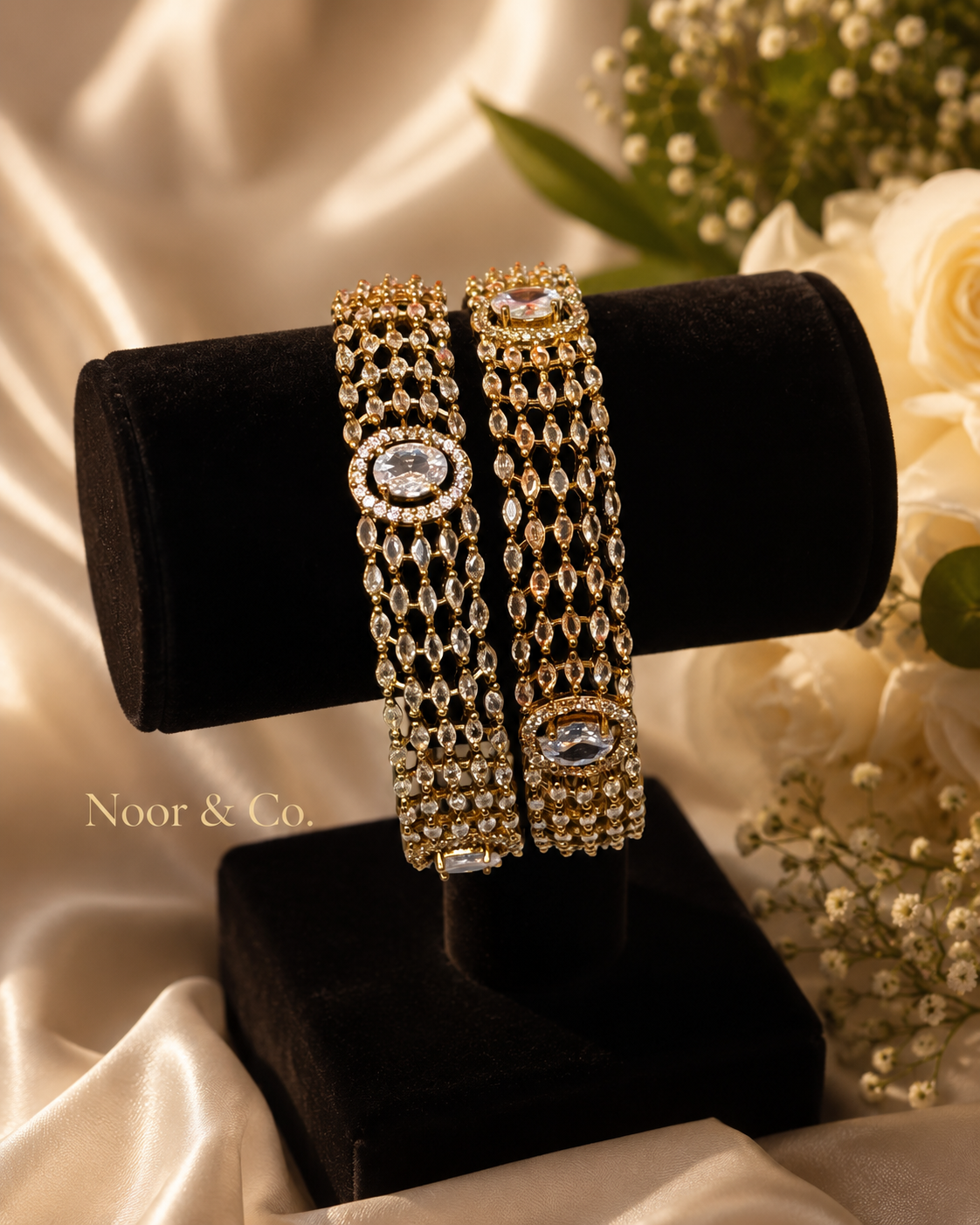 Gold Kundan Polki Multi-Row Bangle Pair with Oval Crystal Center 2.10