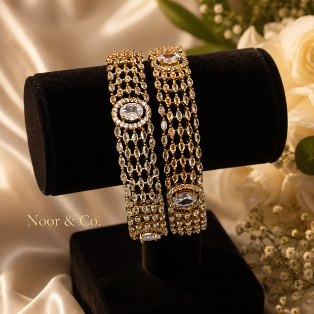 Gold Kundan Polki Multi-Row Bangle Pair with Oval Crystal Center 2.10