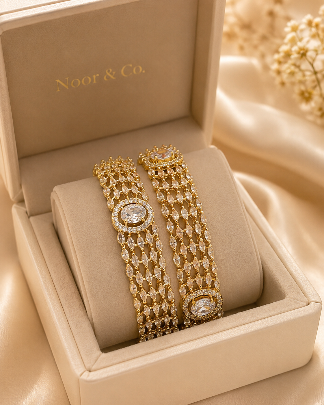 Gold Kundan Polki Multi-Row Bangle Pair with Oval Crystal Center 2.10