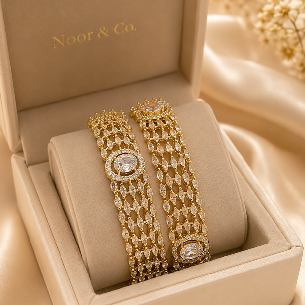 Gold Kundan Polki Multi-Row Bangle Pair with Oval Crystal Center 2.10