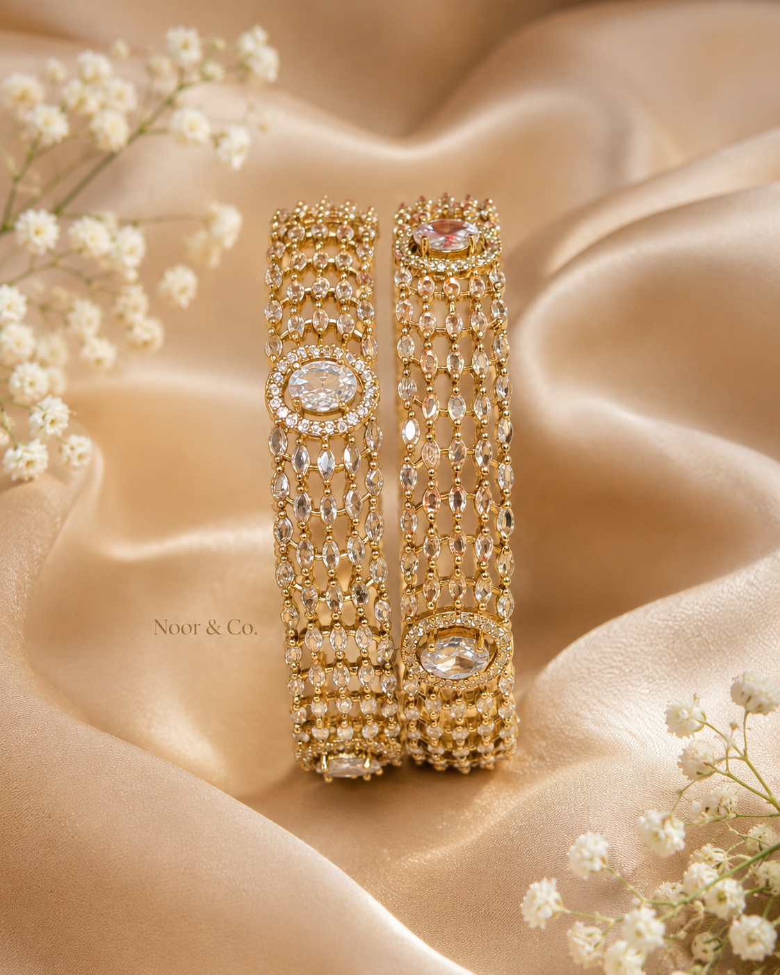 Gold Kundan Polki Multi-Row Bangle Pair with Oval Crystal Center 2.10