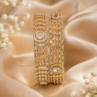 Gold Kundan Polki Multi-Row Bangle Pair with Oval Crystal Center 2.10