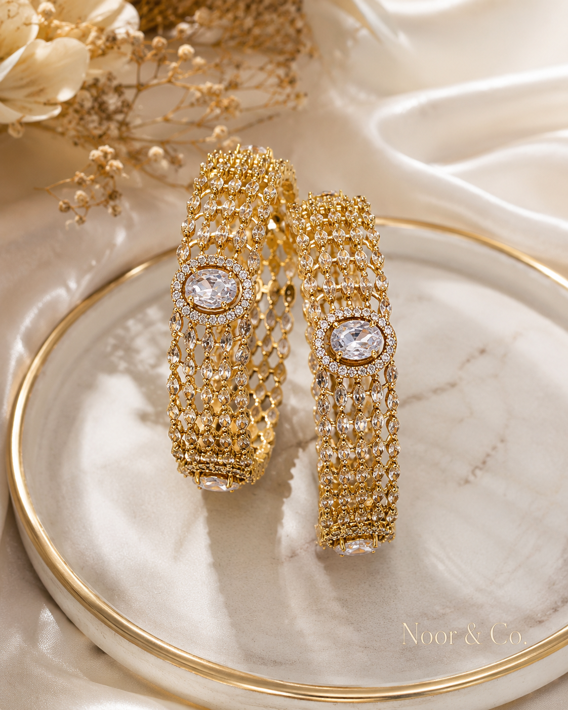 Gold Kundan Polki Multi-Row Bangle Pair with Oval Crystal Center 2.10