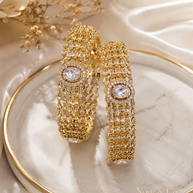 Gold Kundan Polki Multi-Row Bangle Pair with Oval Crystal Center 2.10