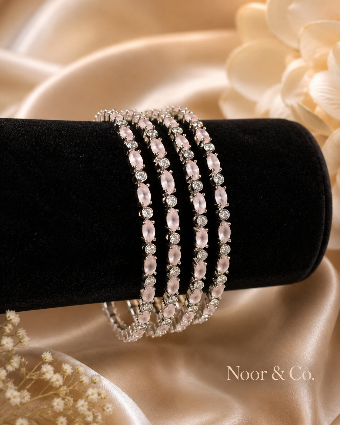 Silver Pink Crystal Bangle Set | 4-Piece Stackable CZ Bangles