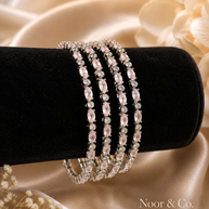 Silver Pink Crystal Bangle Set | 4-Piece Stackable CZ Bangles