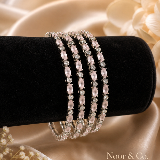 Silver Pink Crystal Bangle Set | 4-Piece Stackable CZ Bangles