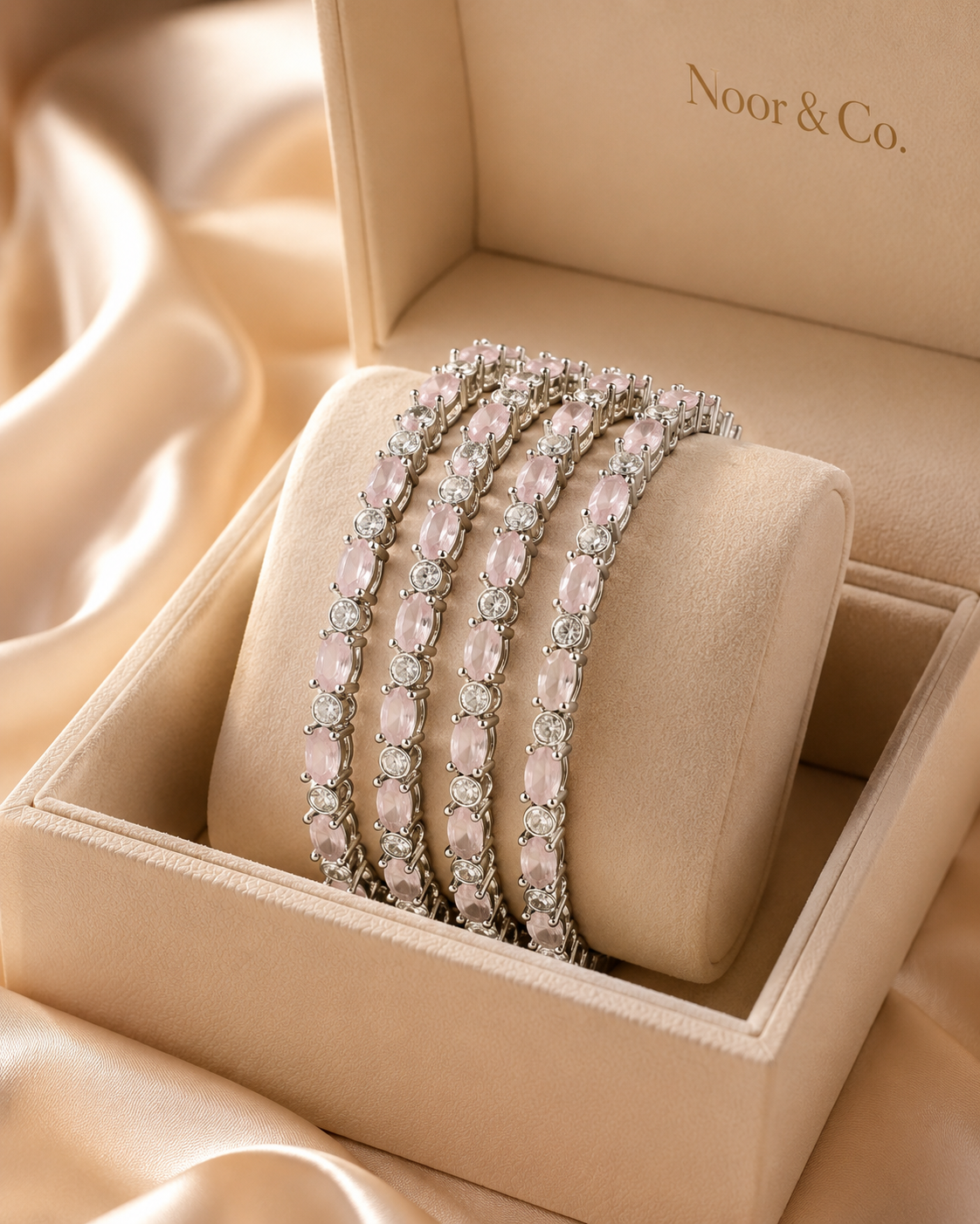 Silver Pink Crystal Bangle Set | 4-Piece Stackable CZ Bangles
