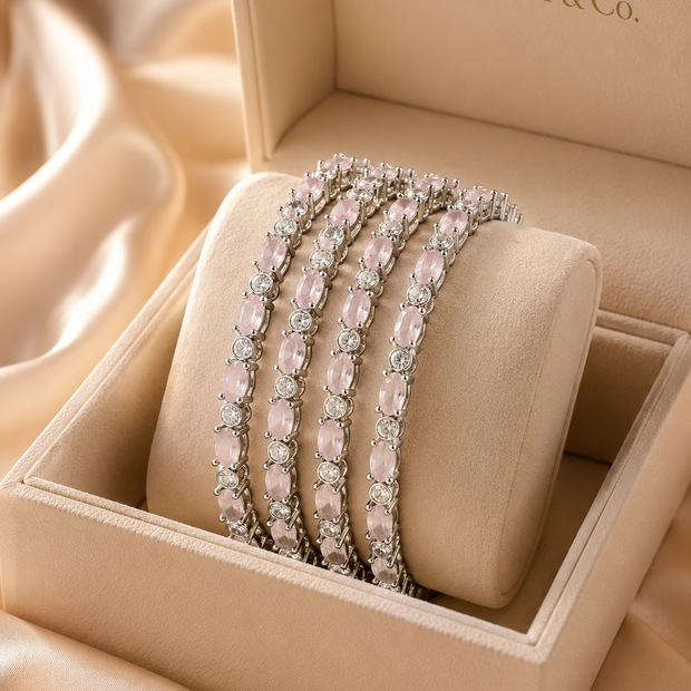 Silver Pink Crystal Bangle Set | 4-Piece Stackable CZ Bangles