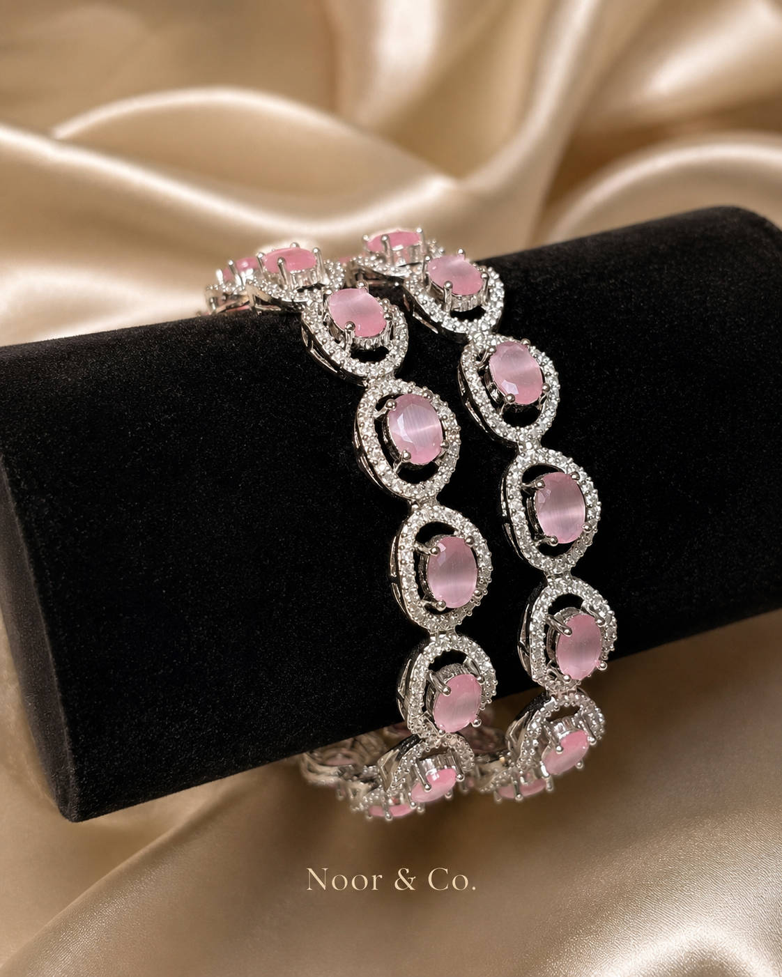 Silver Pink Cat Eye Tennis Bangle Pair | CZ Crystal Bangles | Elegant Pakistani