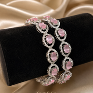 Silver Pink Cat Eye Tennis Bangle Pair | CZ Crystal Bangles | Elegant Pakistani
